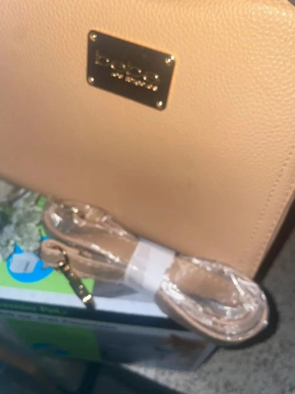 bebe Beige Textured Crossbody Bag with Gold Hardware